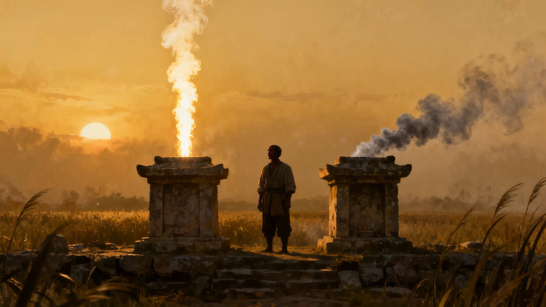 Two offerings rise from the altars at dusk