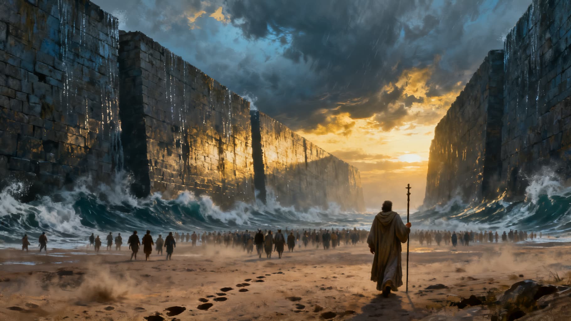 The parted sea at stormy dawn, a multitude beginning to cross