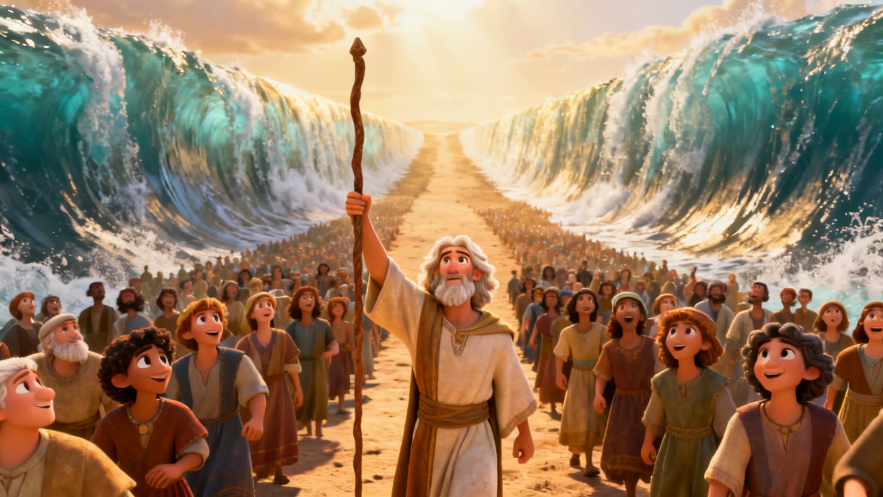 Moses raises his staff and the sea parts into a dry path