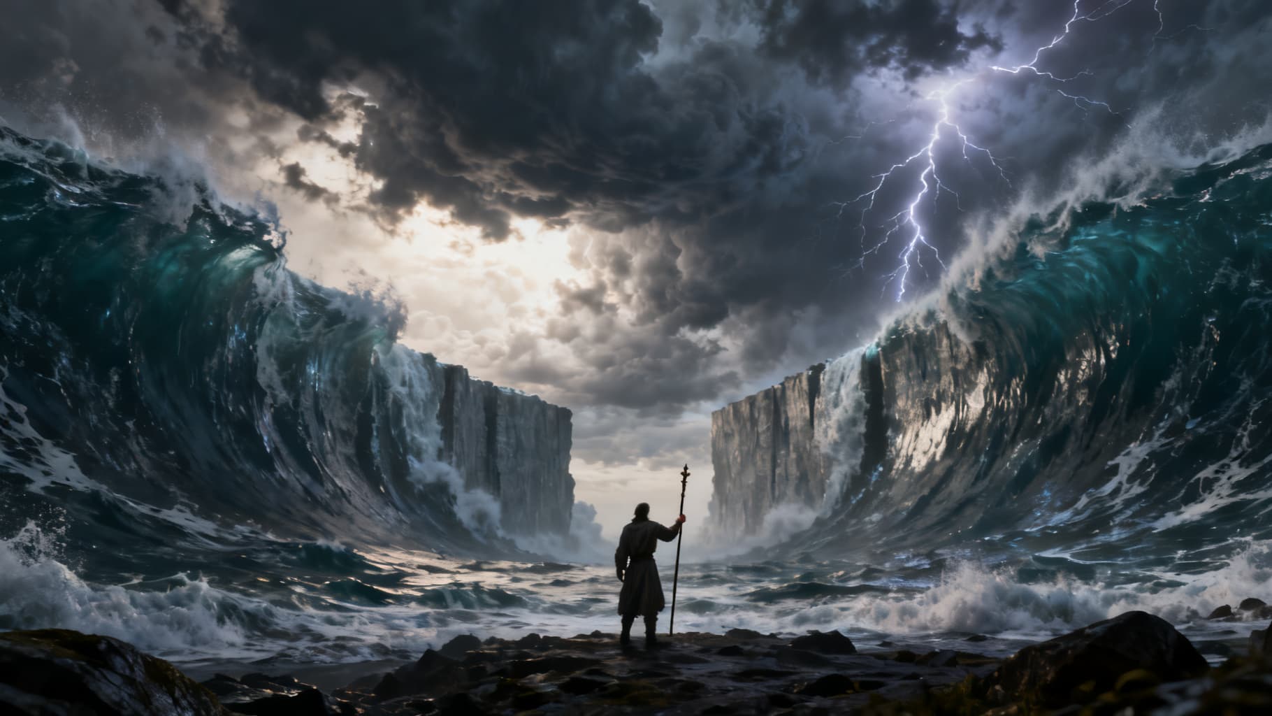 Moses, staff raised, before a towering wall of parted sea