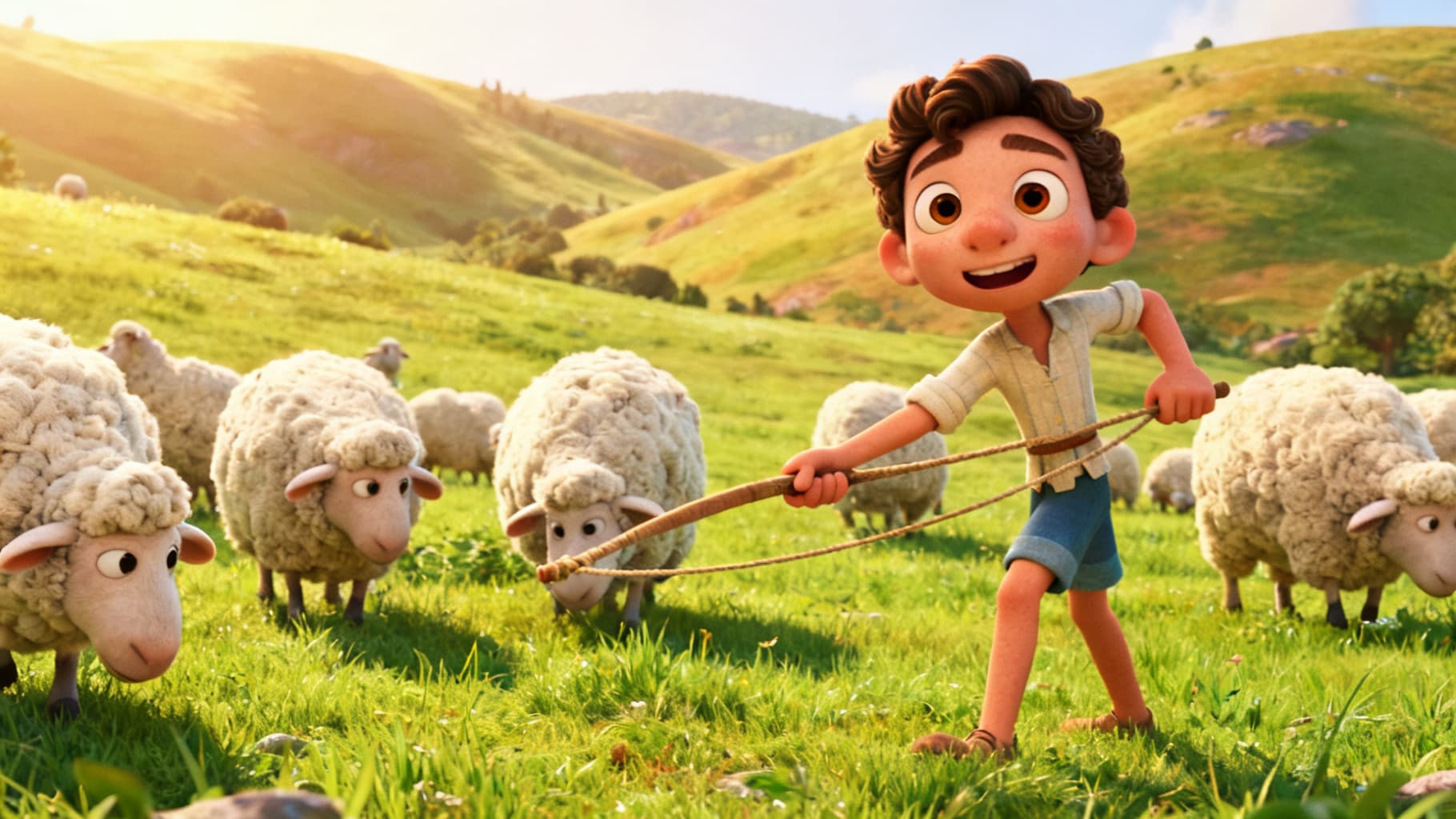David the shepherd boy in a sunny green field with his sheep