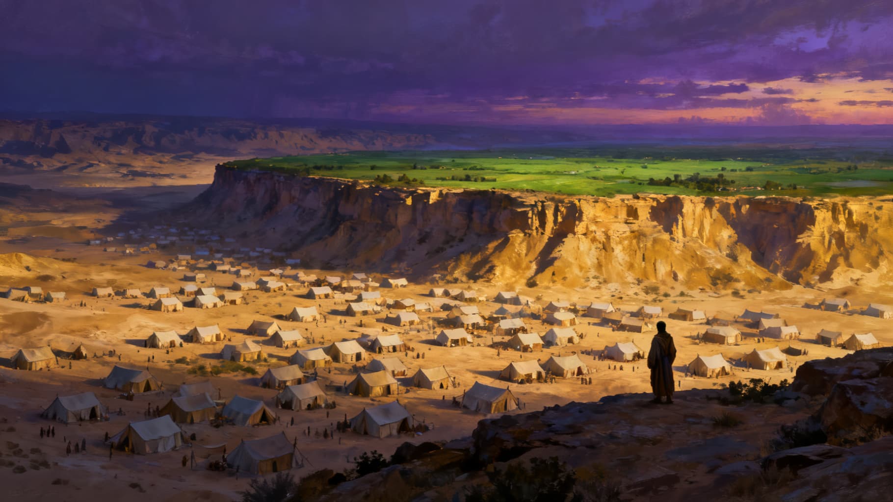 Israel encamped at the threshold of the promised land at dusk