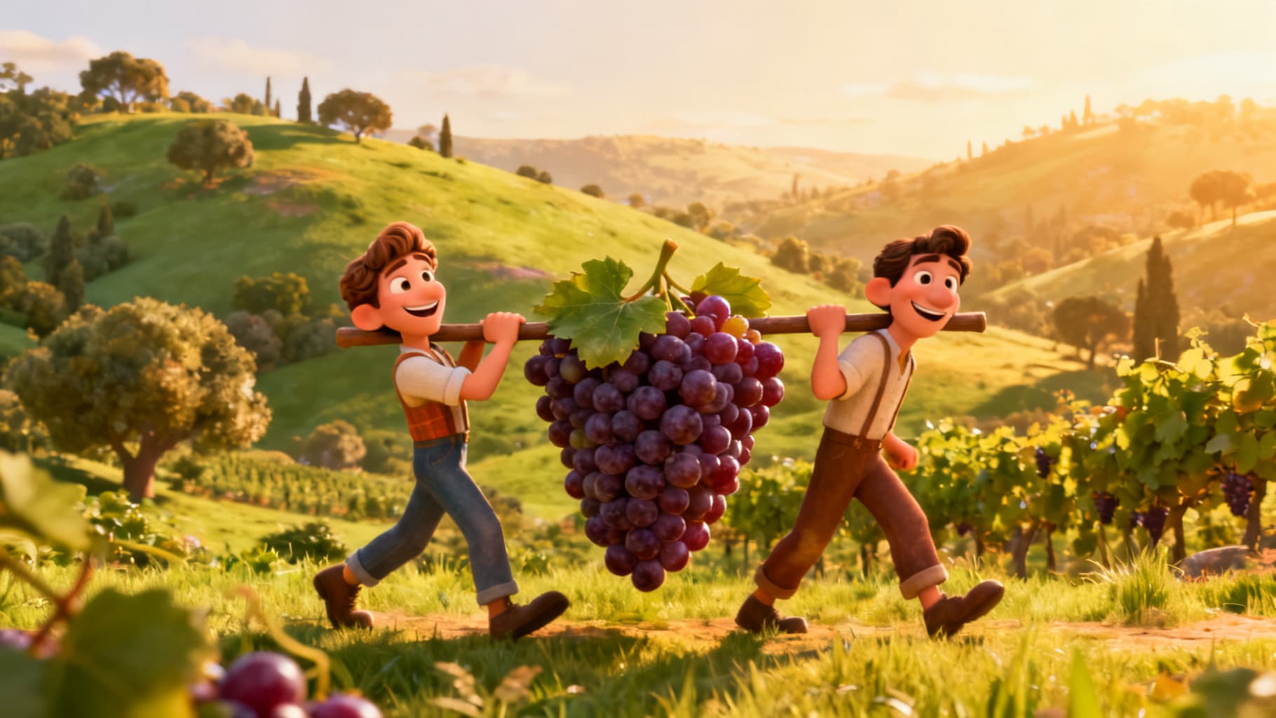Two explorers carrying a giant bunch of grapes back from the good land