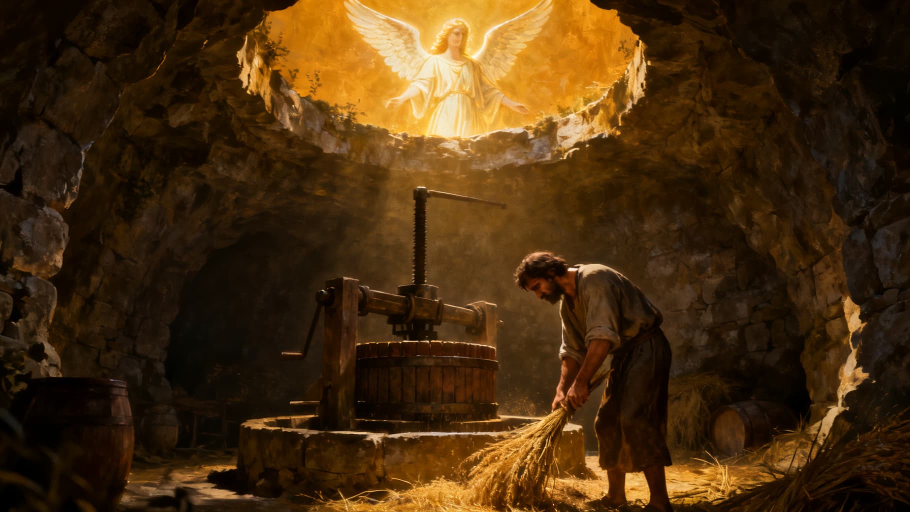 The angel of the Lord finds Gideon hidden in the winepress