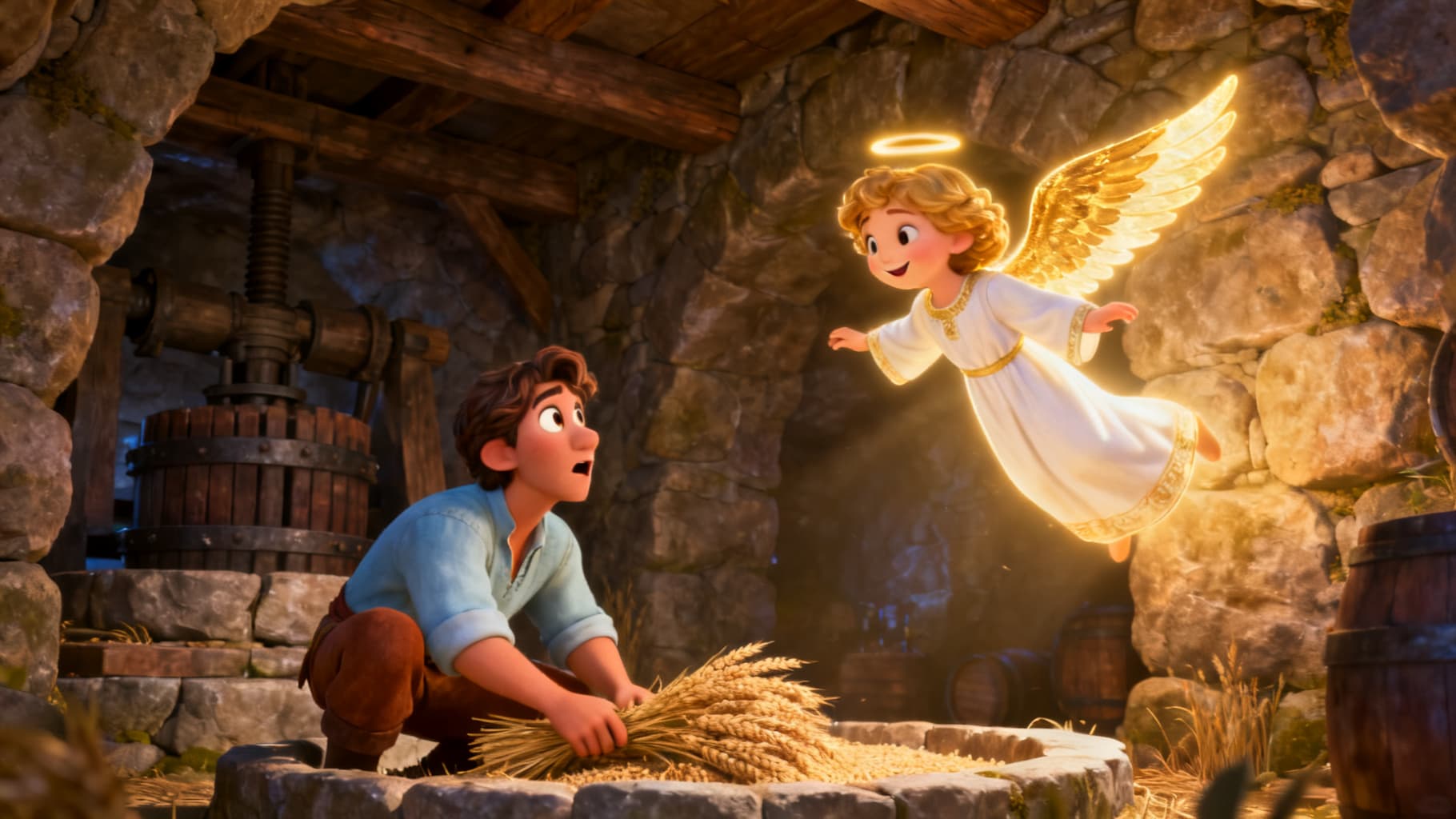 An angel surprising Gideon while he hides and works