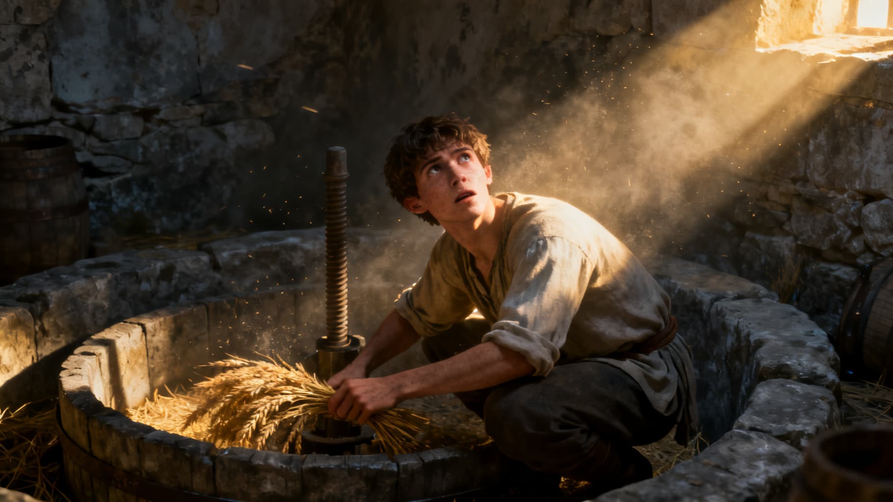 Gideon hiding in the winepress as light breaks in