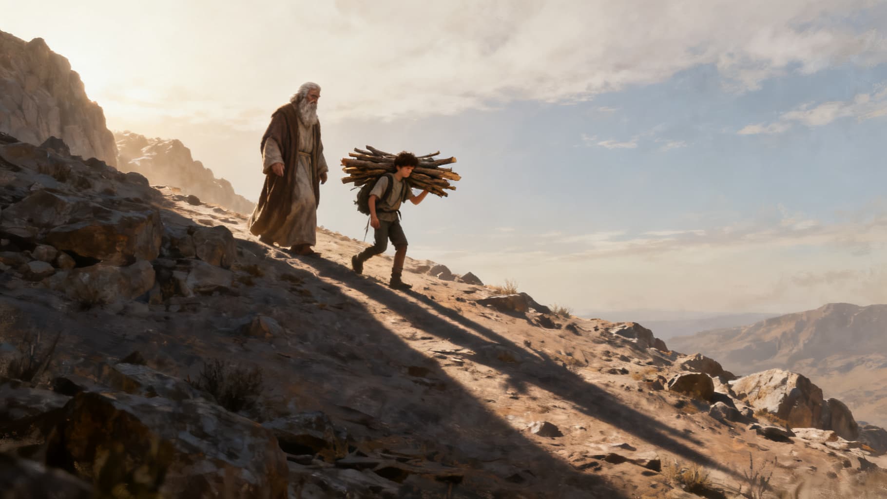 Abraham and Isaac ascending Moriah, the son bearing the wood