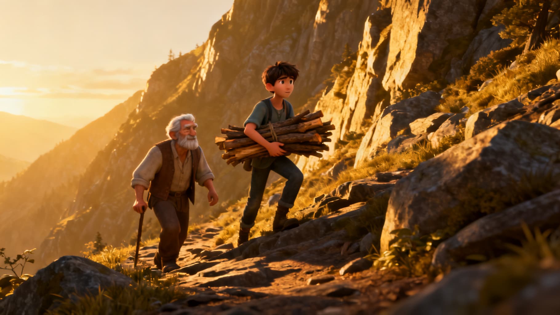 A young man and his father climbing the mountain at dawn