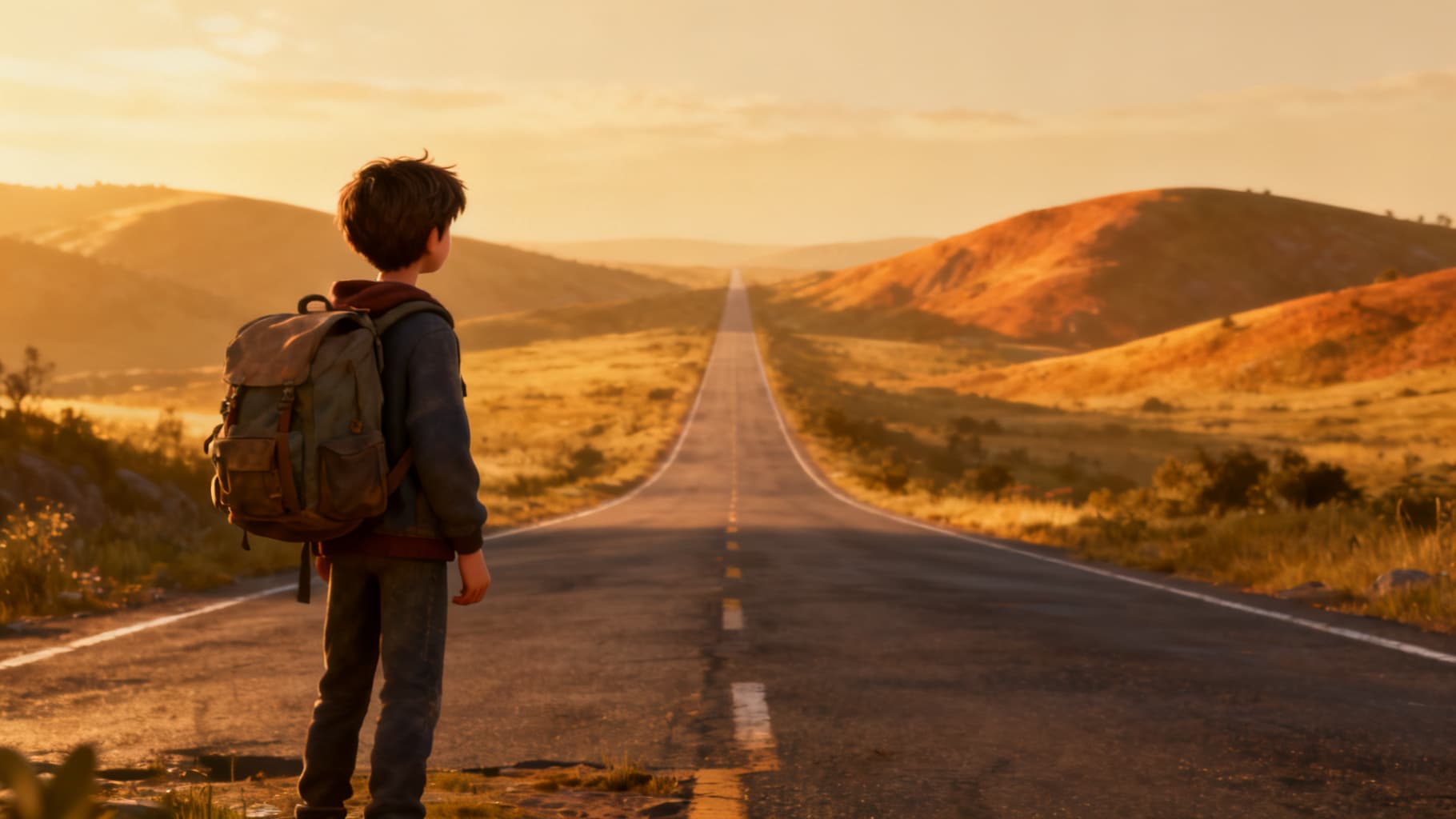 A young traveler at the edge of an unknown road, ready to go