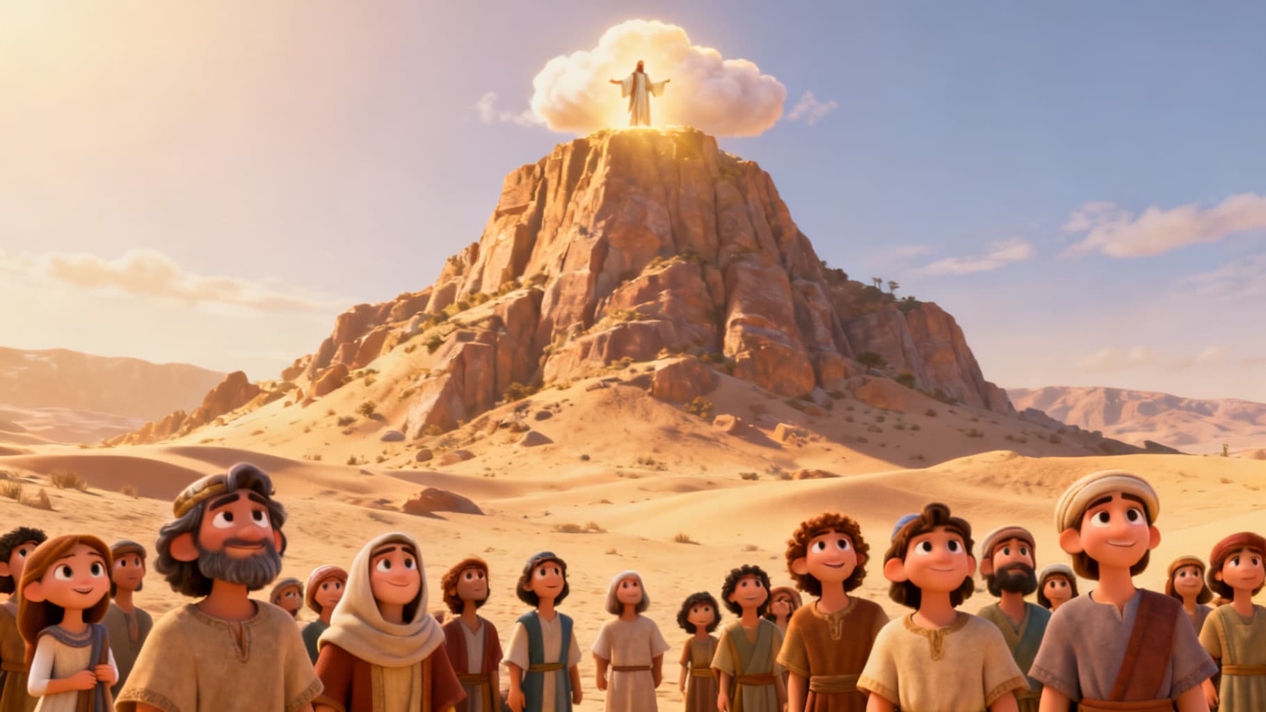 The people waiting at the foot of the glowing mountain