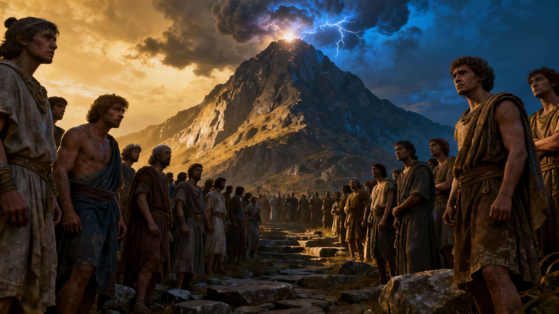A restless crowd waiting below as the mountain glows at dusk