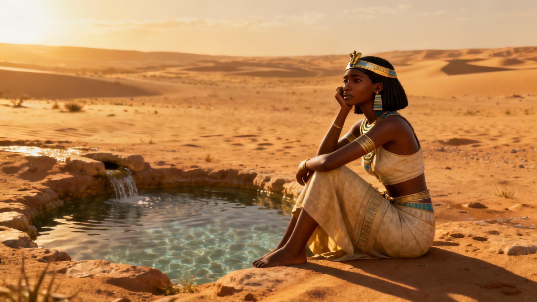 A young Egyptian woman alone at a desert spring, weary