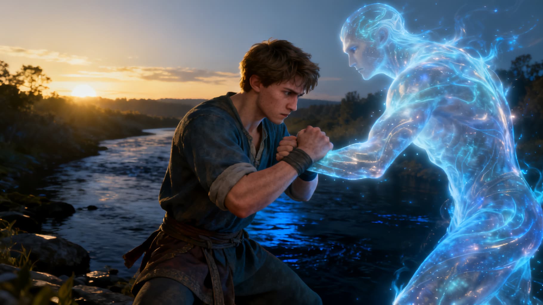 Jacob wrestling a figure of light by the river at dawn