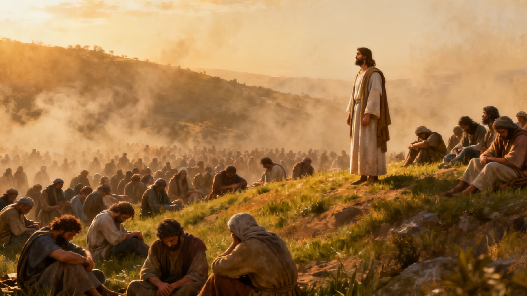 Jesus moved with compassion as he looks over a vast weary crowd