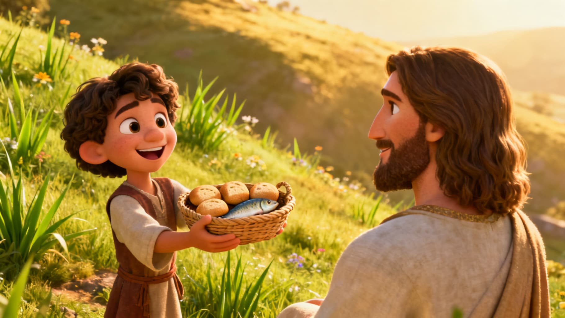A happy boy holding up his little basket of bread and fish to Jesus