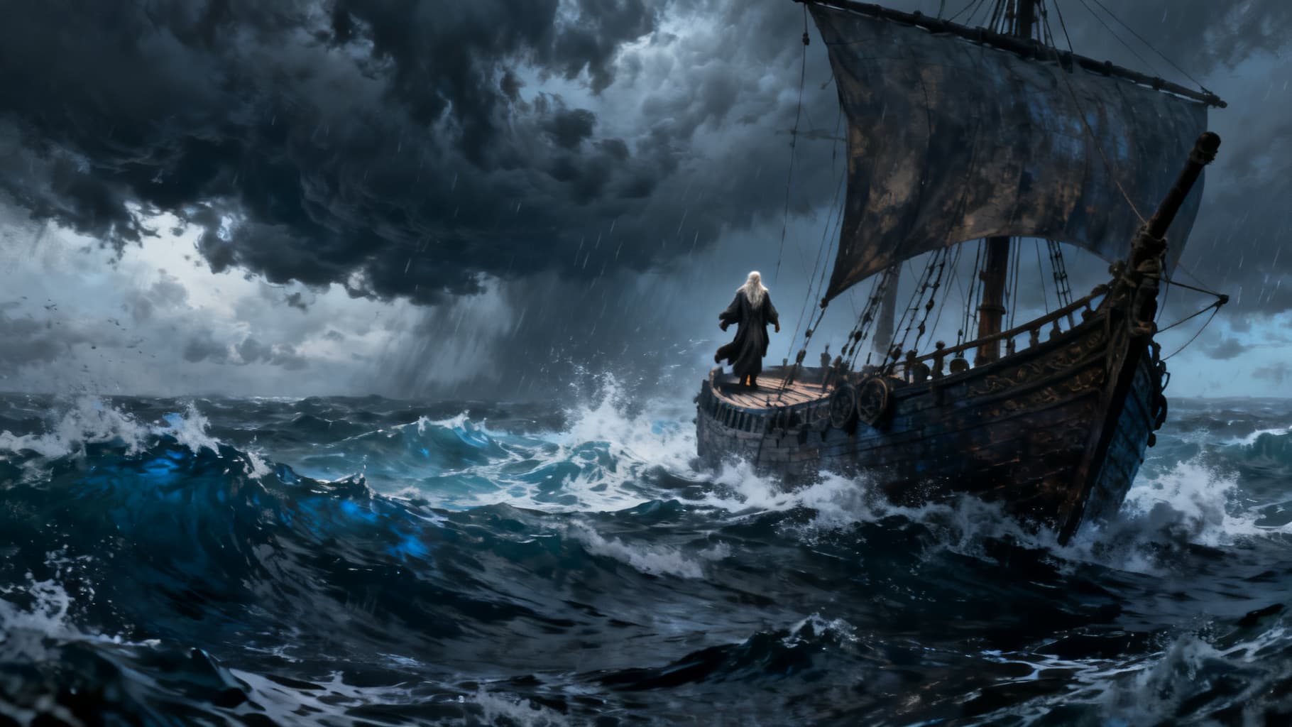 Jonah fleeing by ship as a storm rises over a dark sea