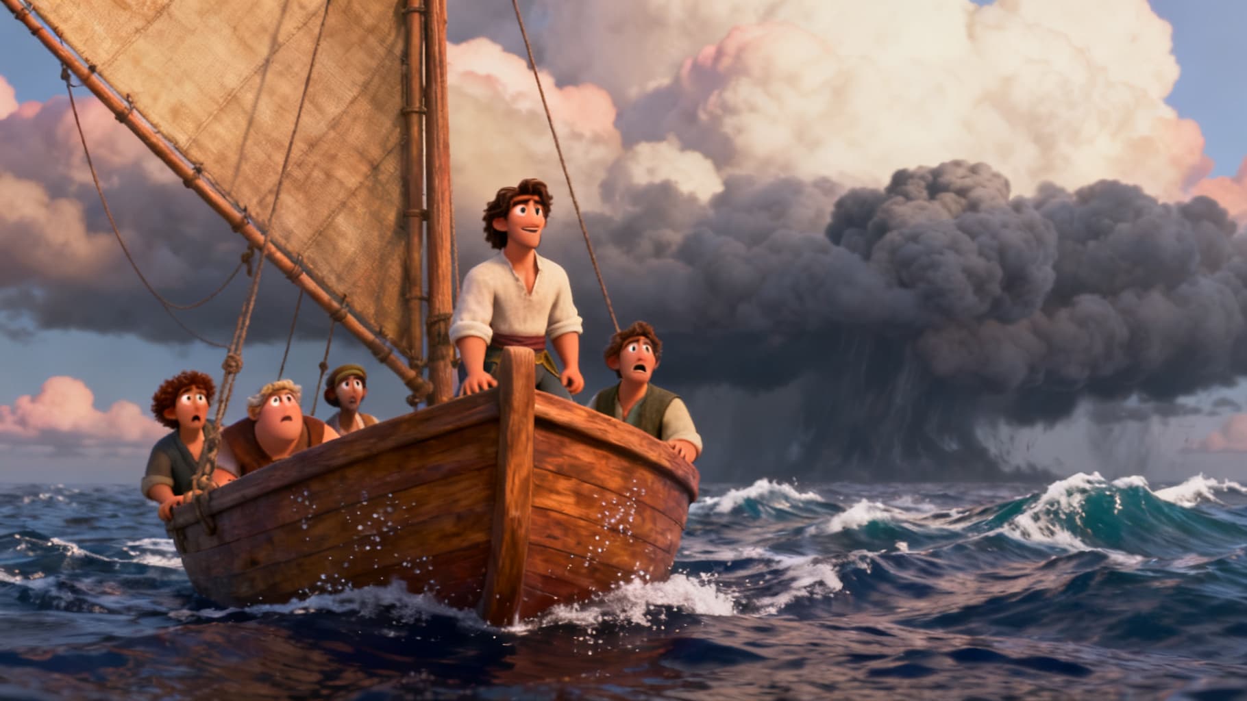 Jonah sailing away on a boat as a storm gathers