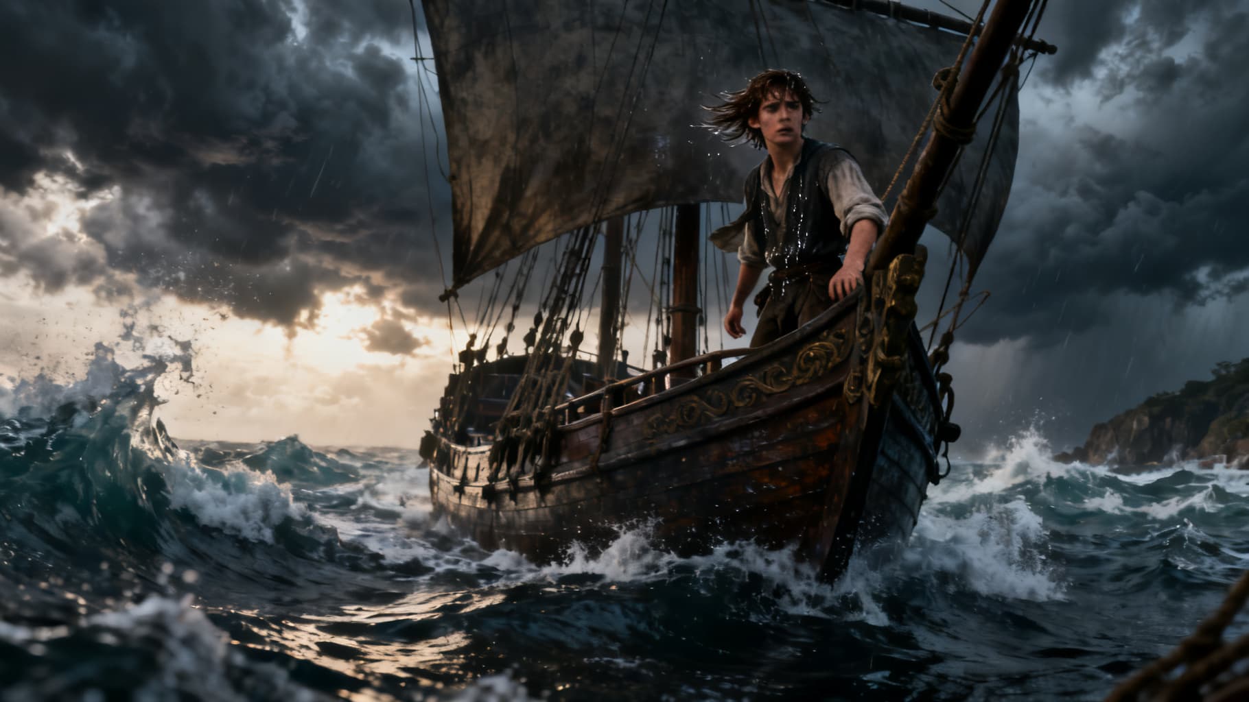 Jonah on a ship fleeing as a storm closes in