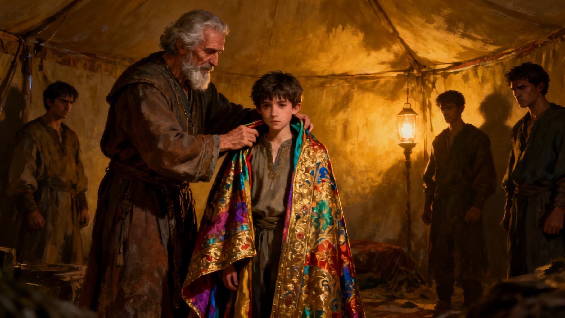 Jacob placing the ornate robe on Joseph as the brothers watch