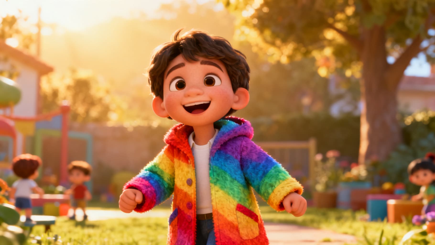 Joseph smiling in his bright coat of many colors