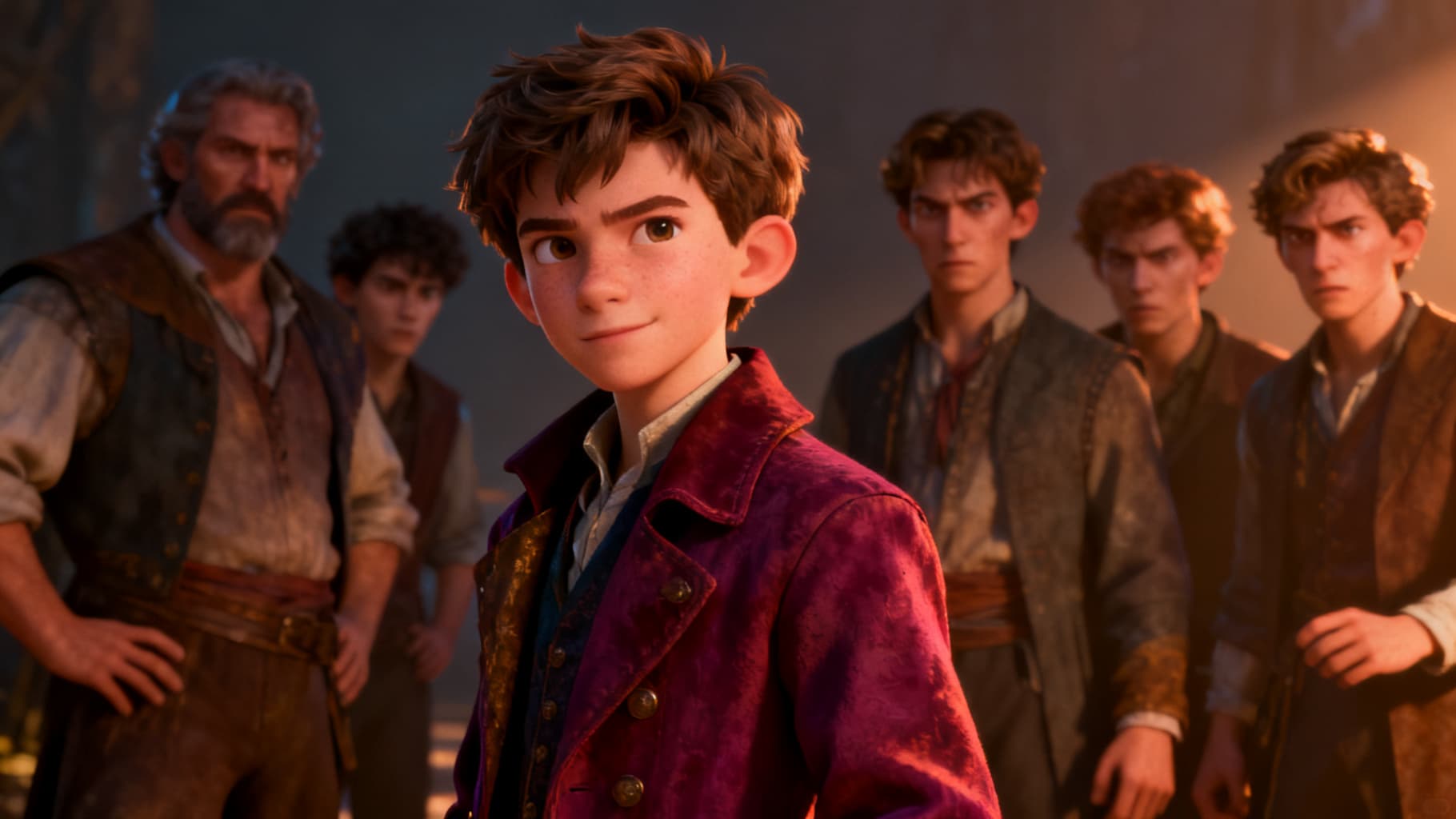 Joseph in his bright coat while his brothers glare with resentment