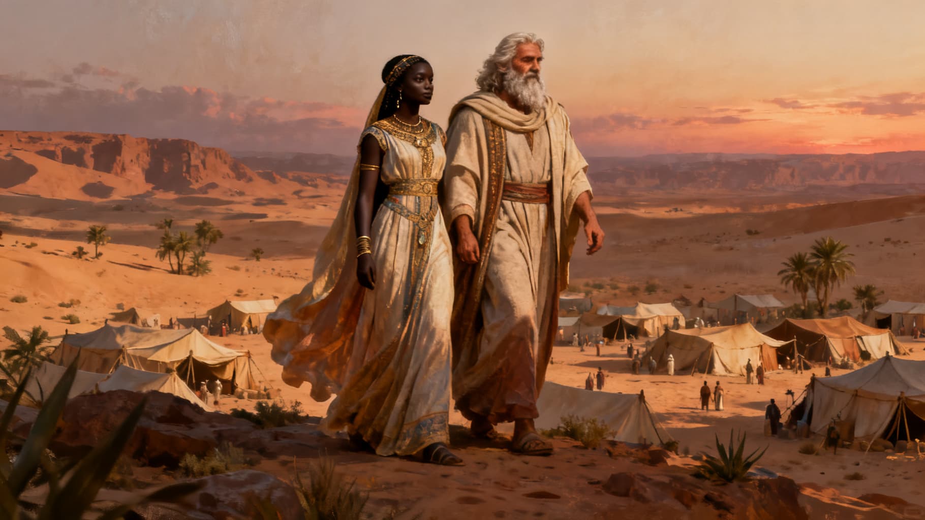 Moses and his Cushite wife, portrayed with quiet dignity