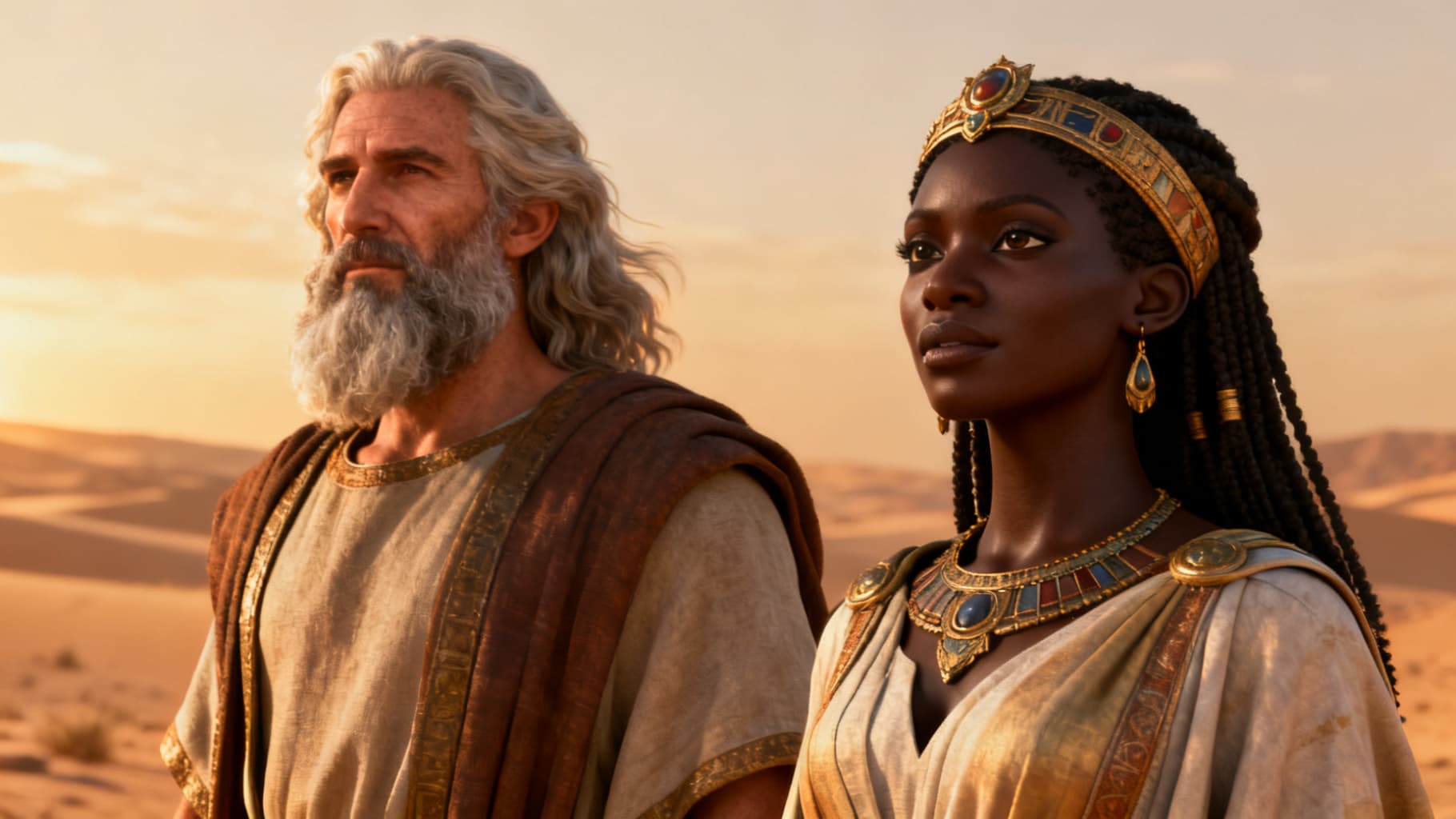 Moses and his Cushite wife standing together with dignity
