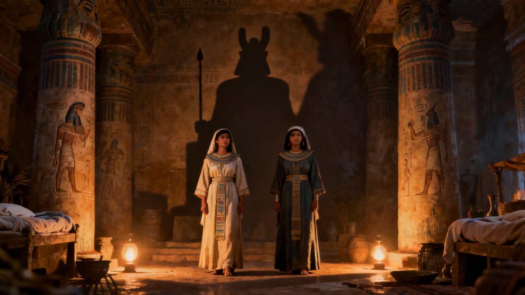 Hebrew midwives standing in quiet defiance before the shadow of Pharaoh’s power