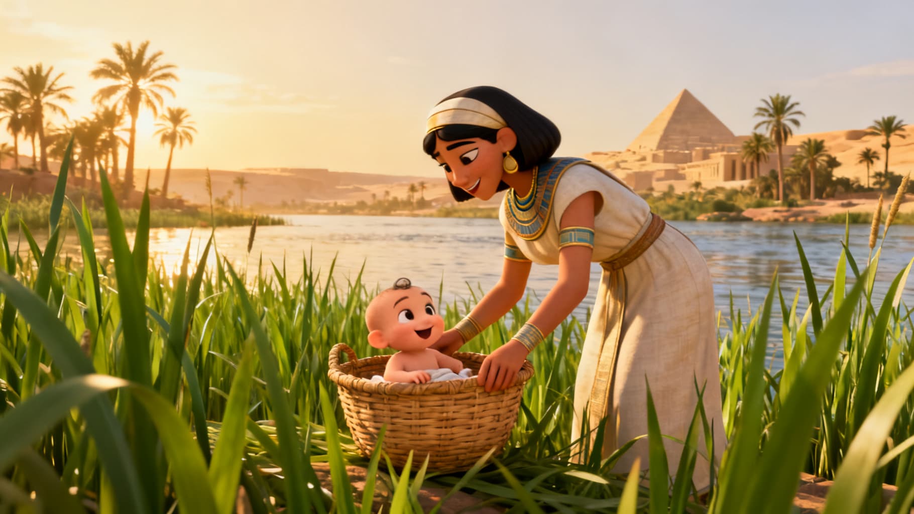 A loving mother gently placing baby Moses in a little basket by the Nile