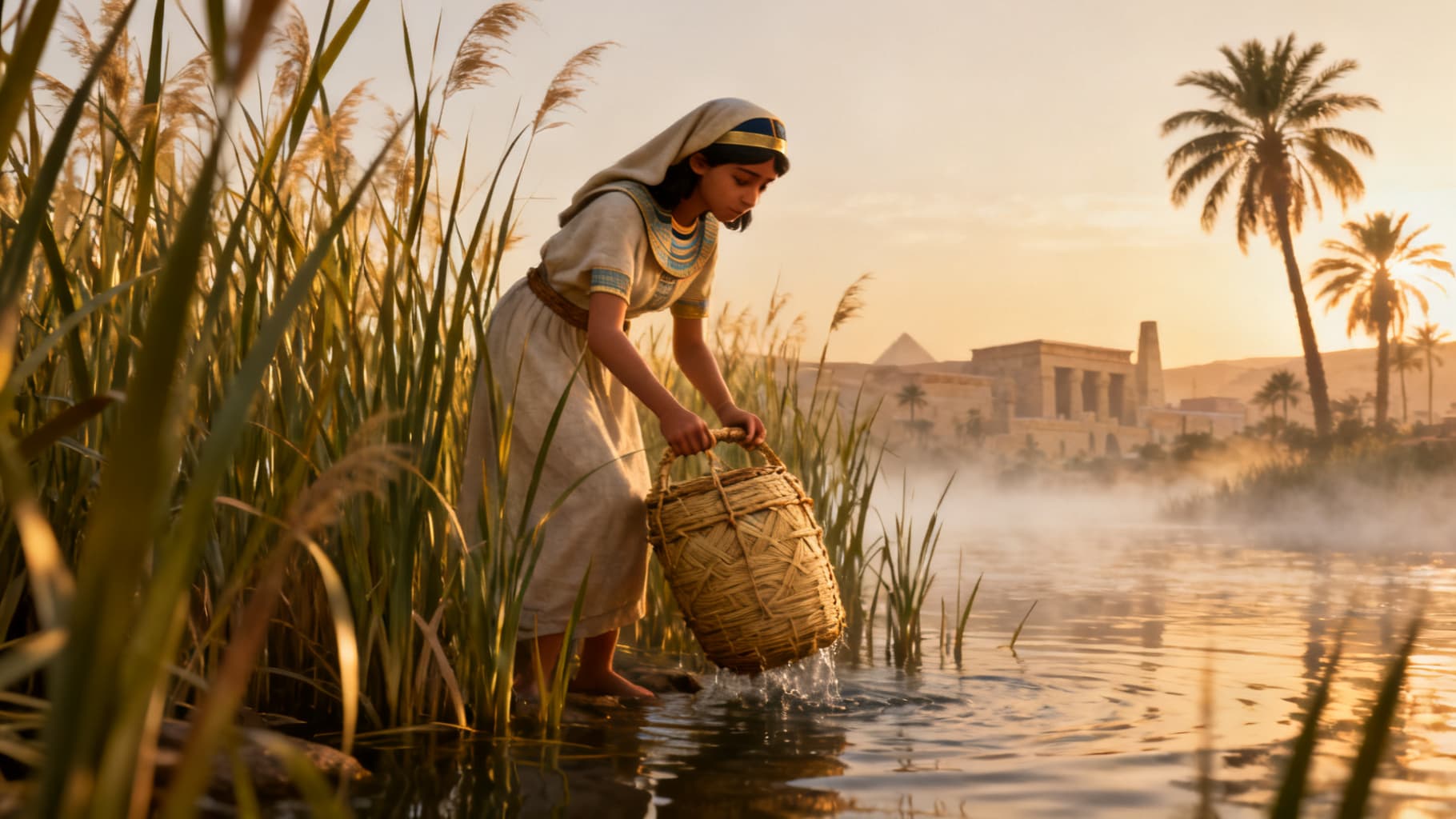 A young mother lowering a sealed basket into the reeds of the Nile at dawn