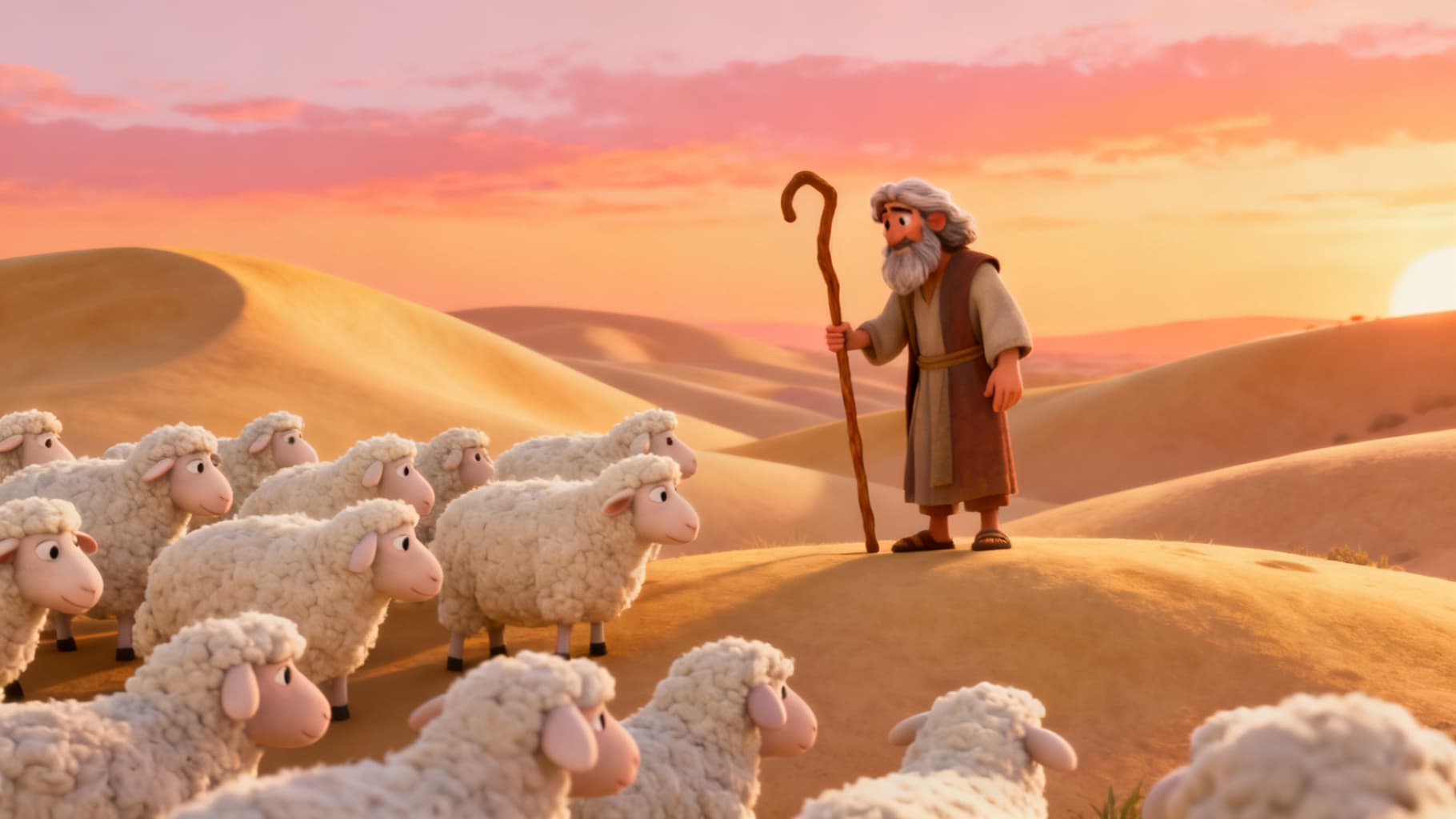 Moses the shepherd watching over his sheep on quiet desert hills