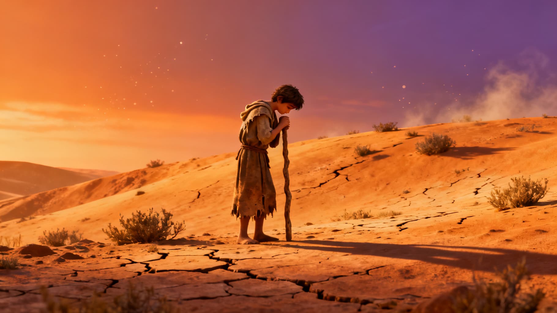 A young shepherd alone in the desert, his past behind him