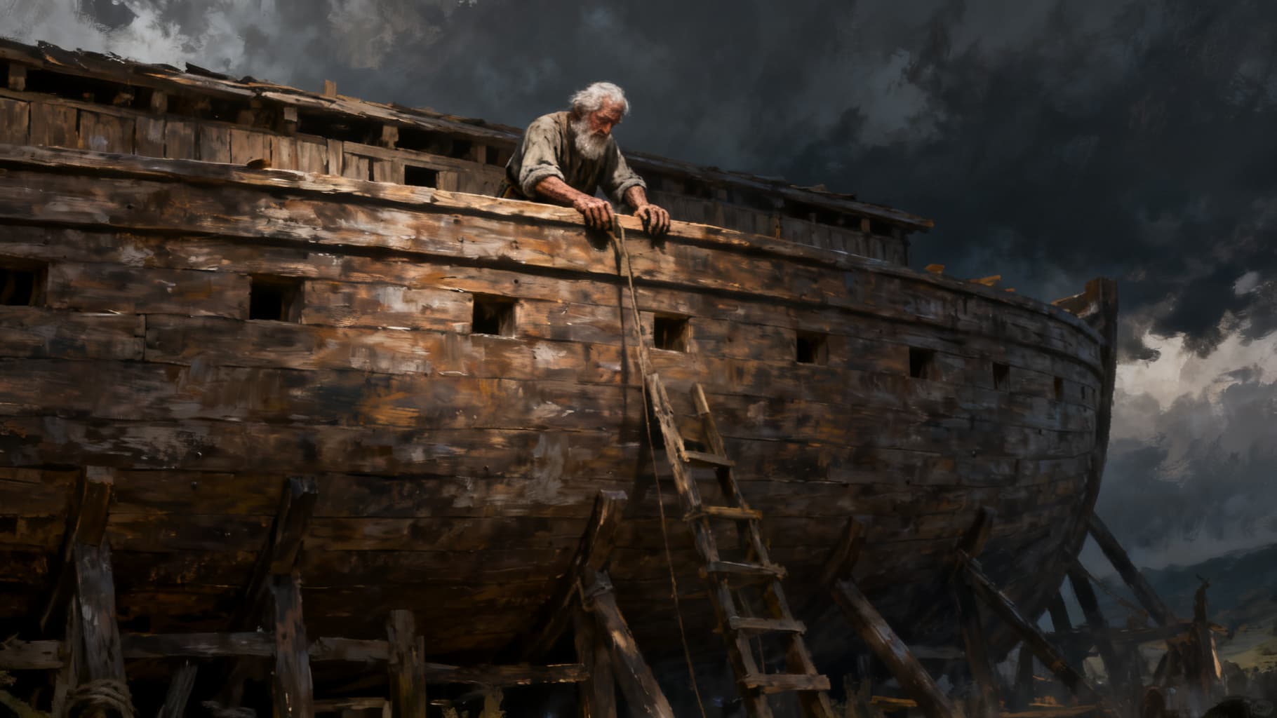 Noah at work on the ark beneath a heavy, darkening sky