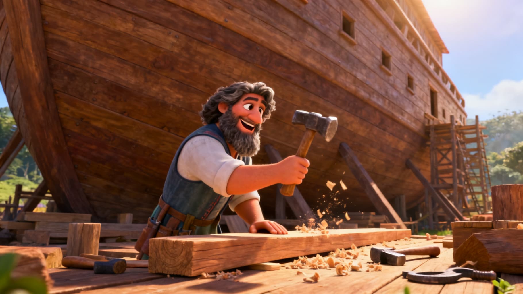 Noah cheerfully building the big wooden ark