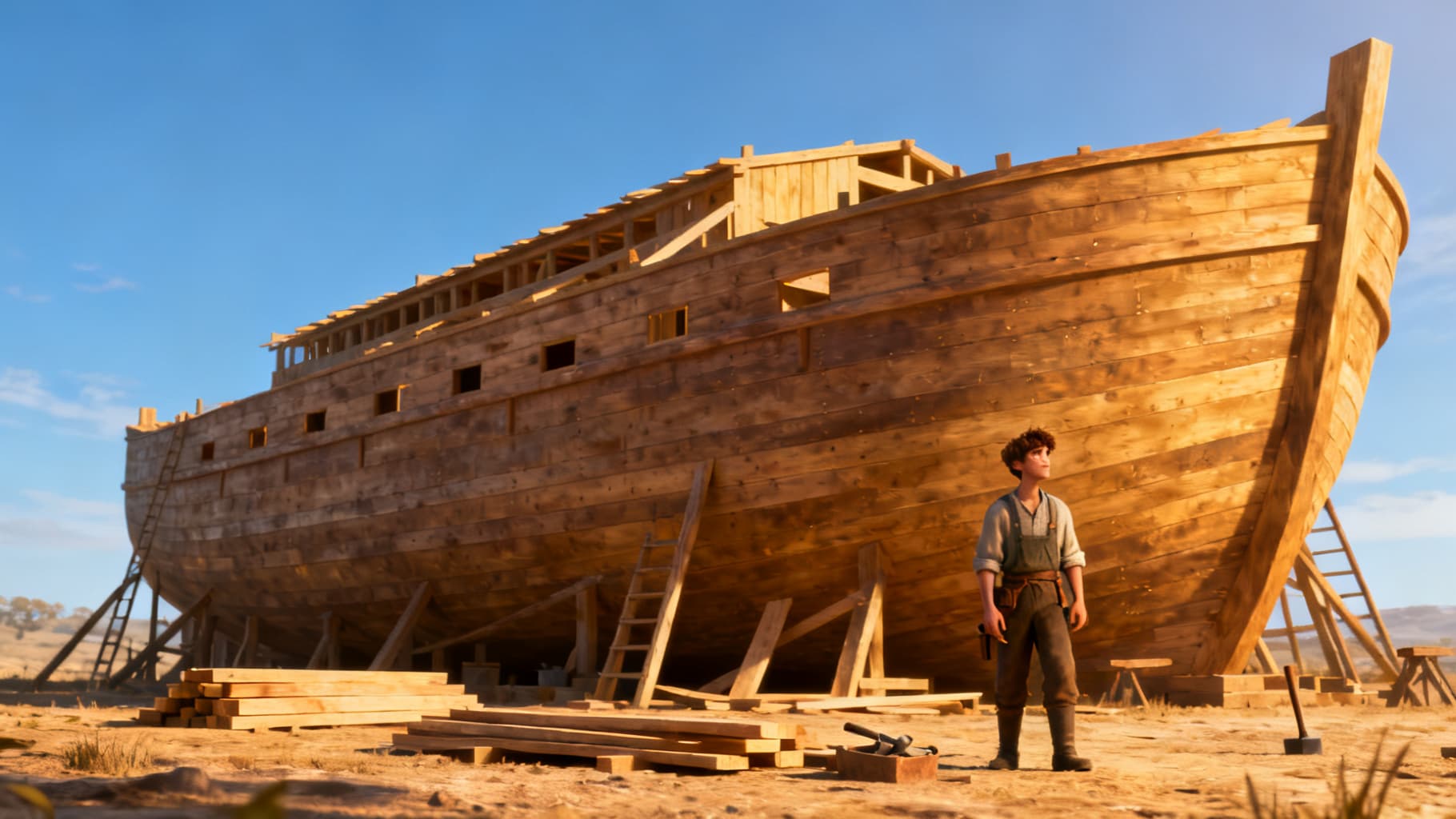 A young man building a massive wooden ark, alone and resolved
