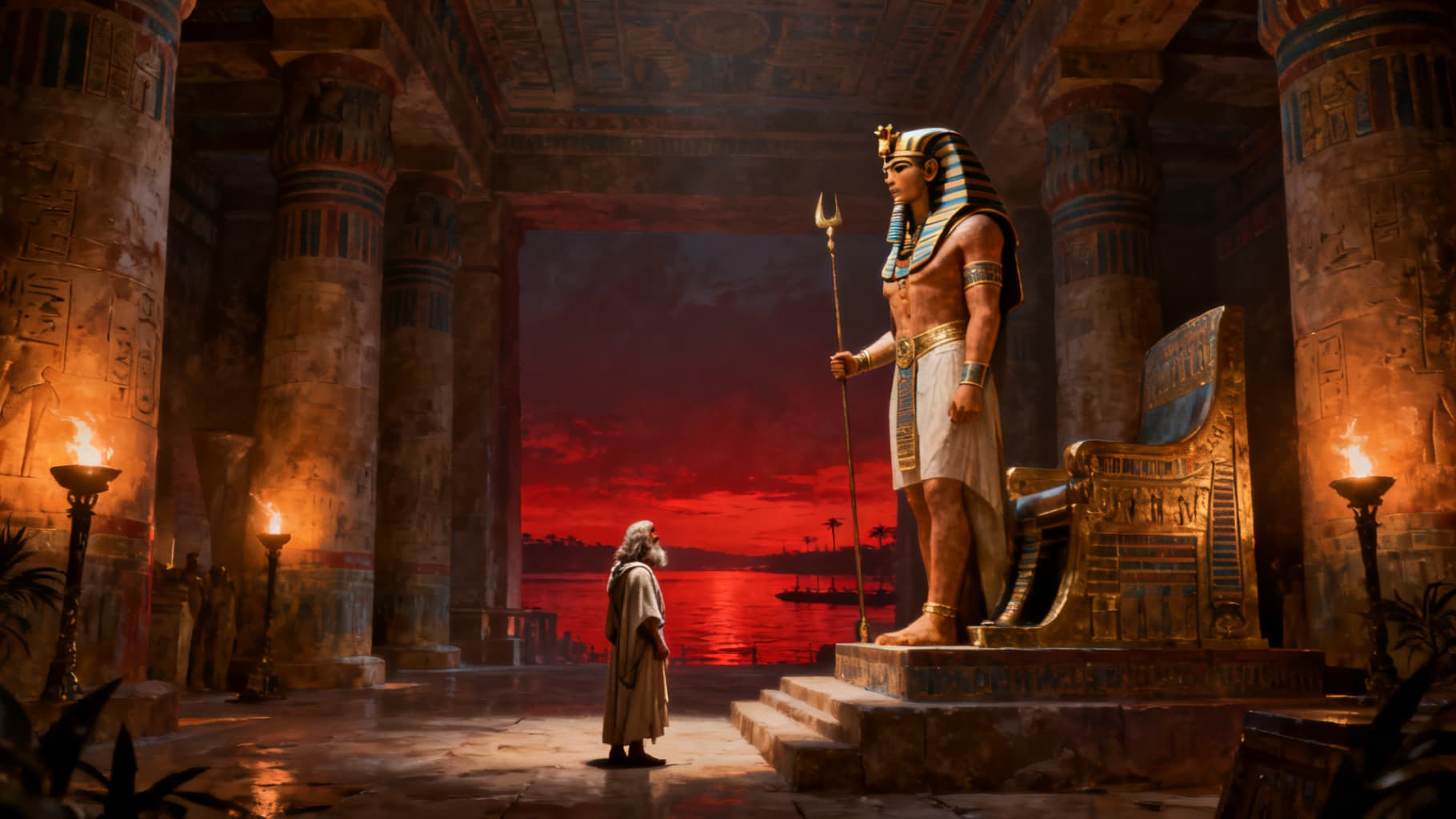 Moses before Pharaoh as the Nile turns to blood