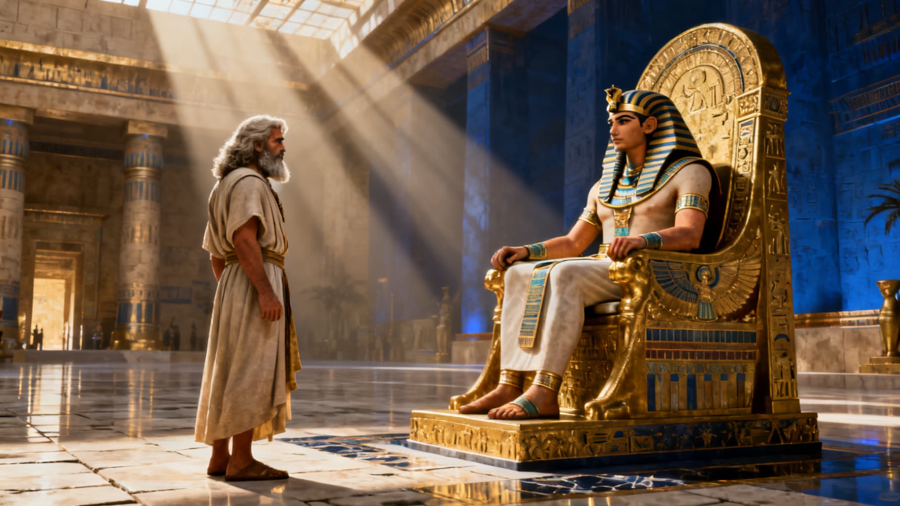 Moses confronting Pharaoh in his throne hall