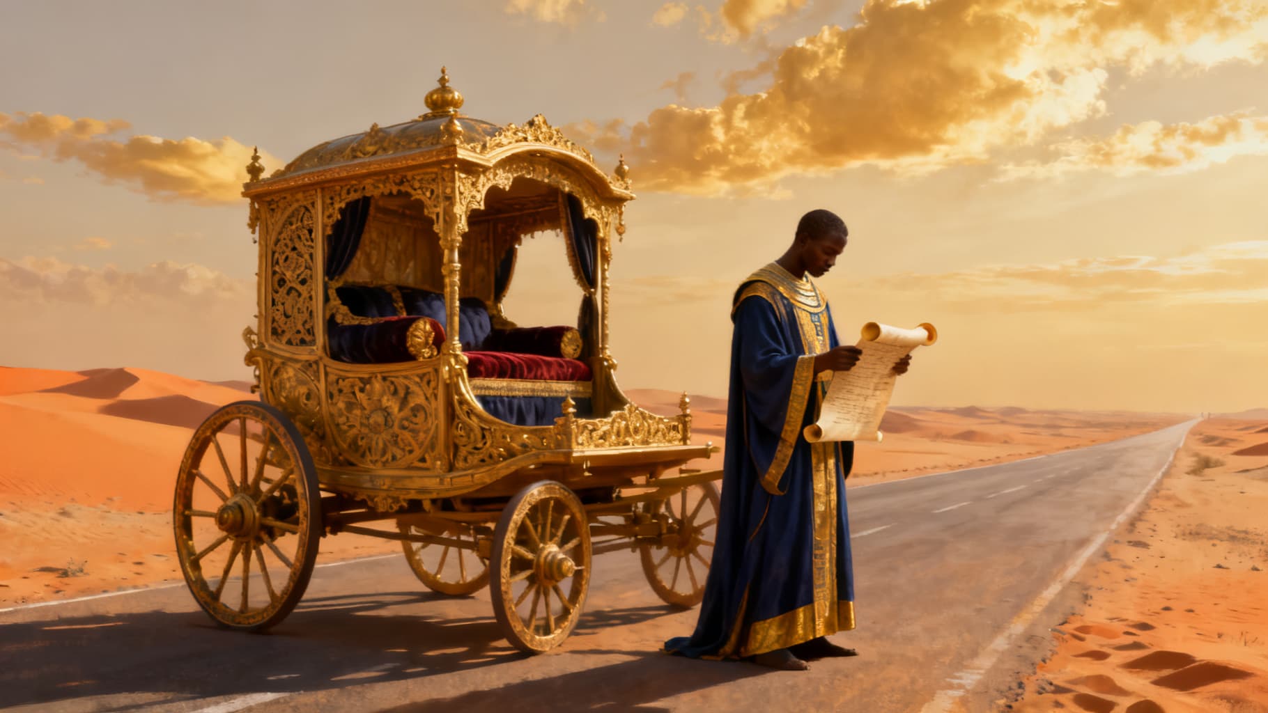 A lone ornate chariot on a vast desert road at golden hour