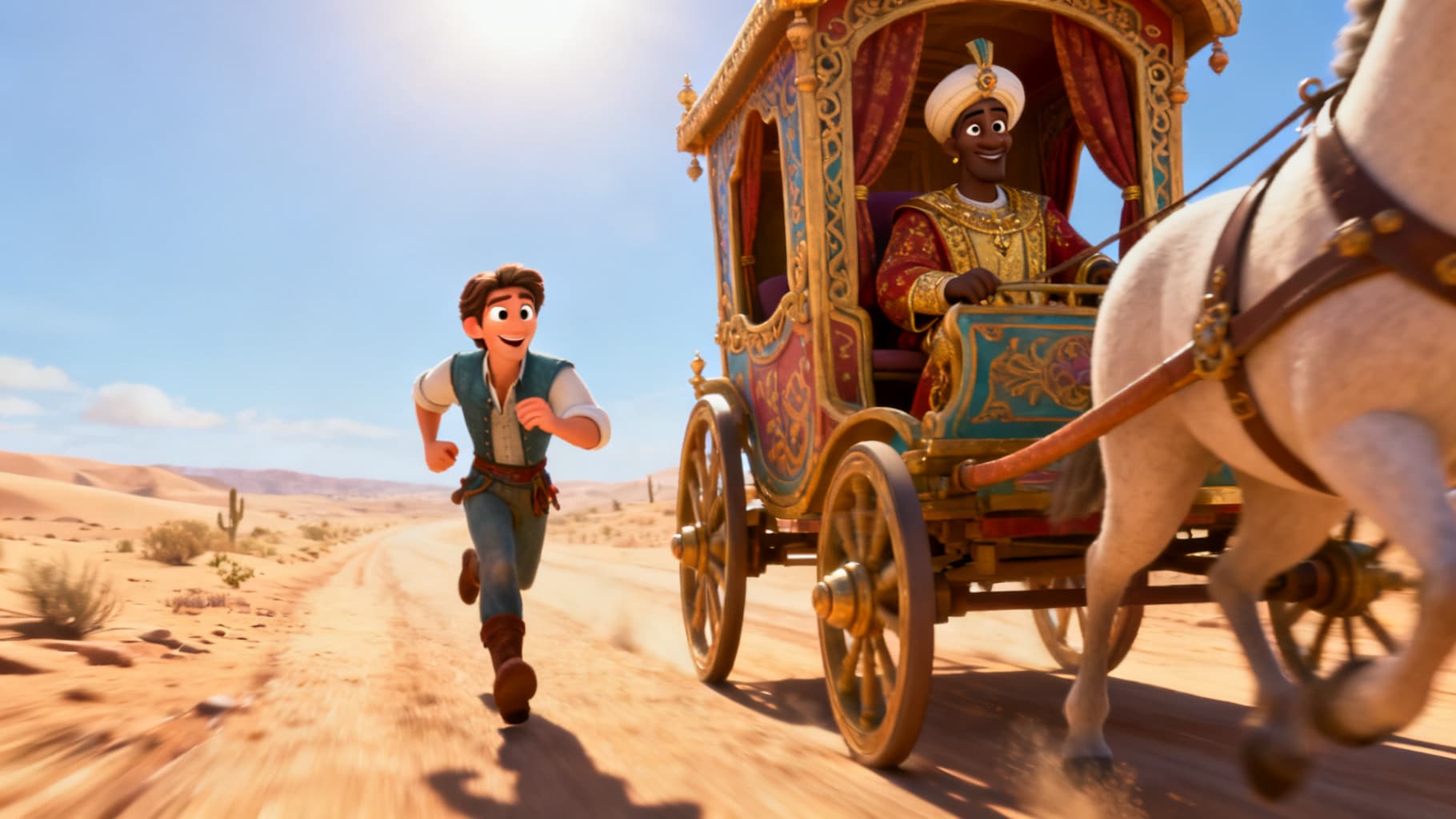 Philip running up to the shiny chariot on the desert road