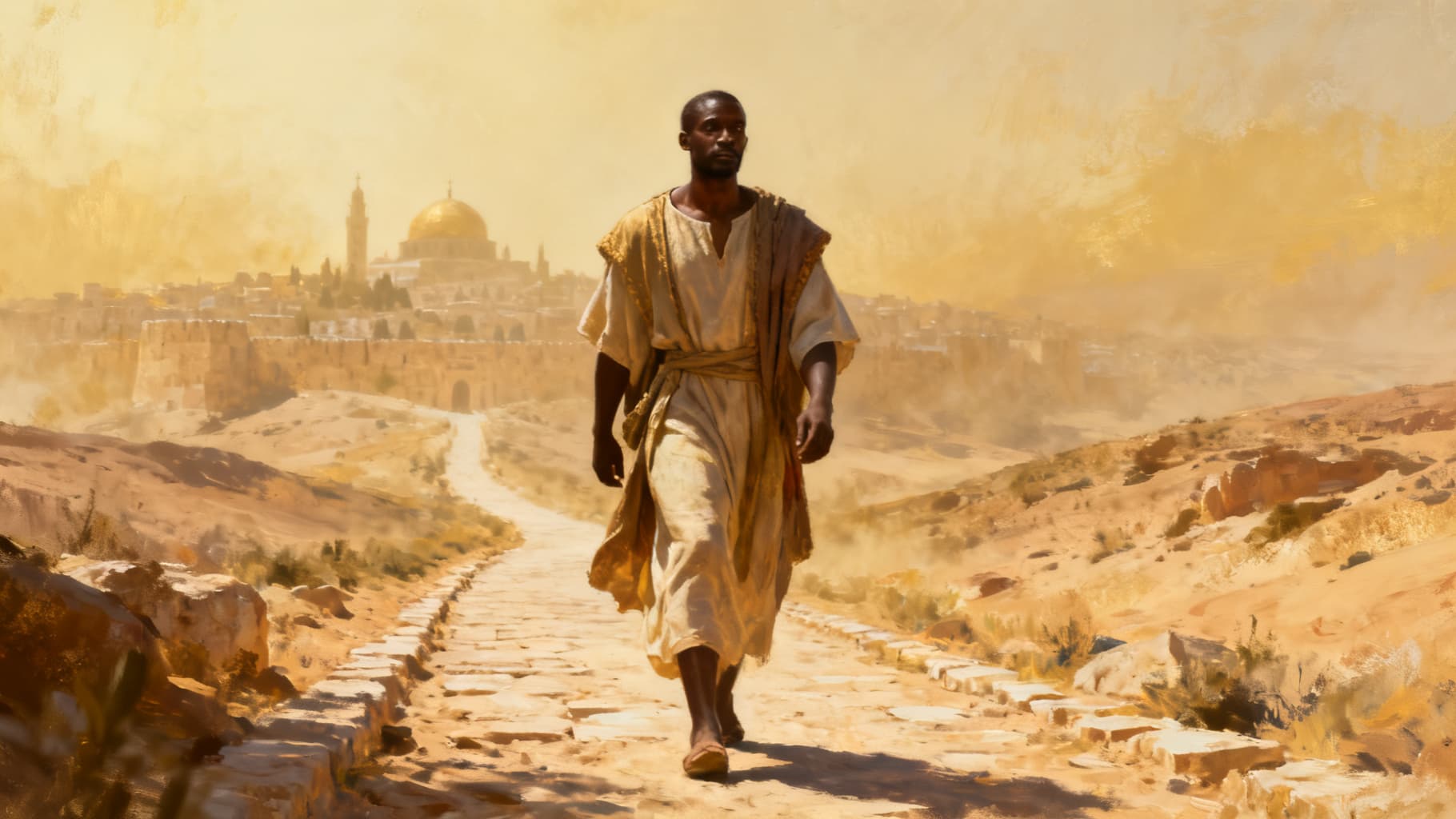 Simon of Cyrene, a North African traveler, on the road to the city