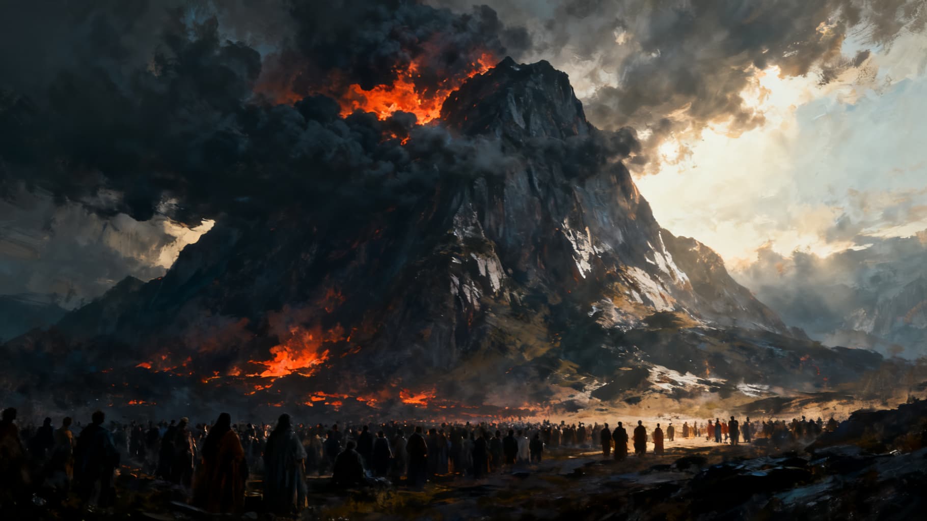 The redeemed people gathered before the mountain shrouded in cloud and fire