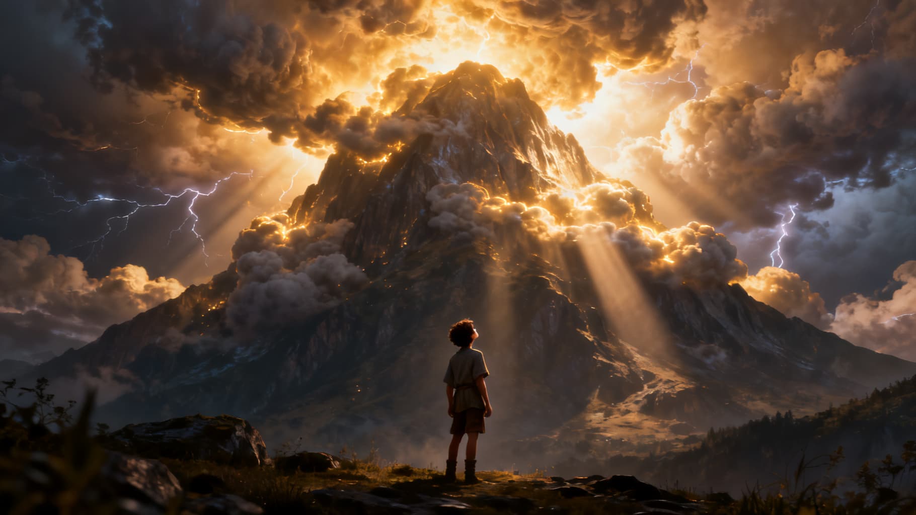 A teen standing before the storm-wrapped mountain, in awe