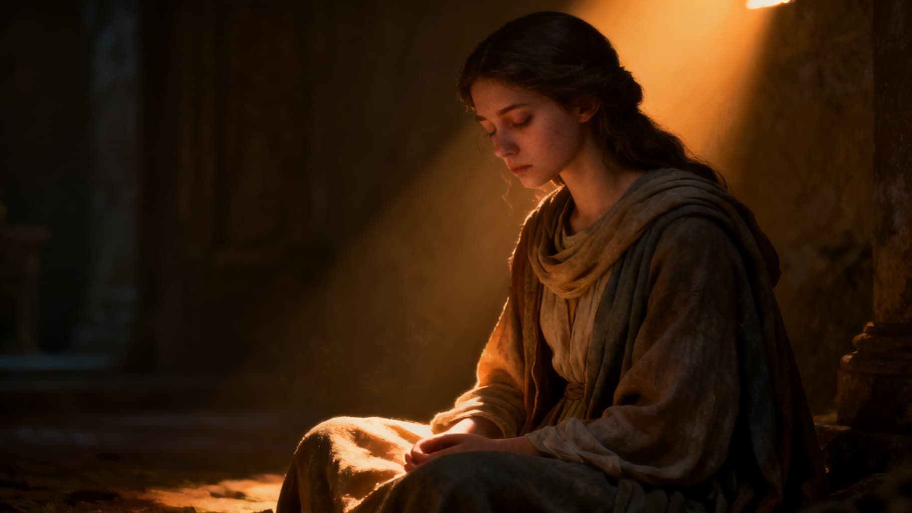 Mary in quiet contemplation, lit by a single warm light