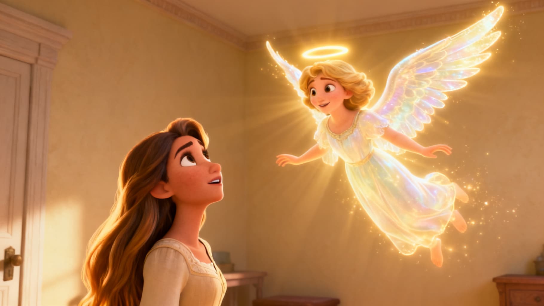 The angel Gabriel bringing good news to Mary