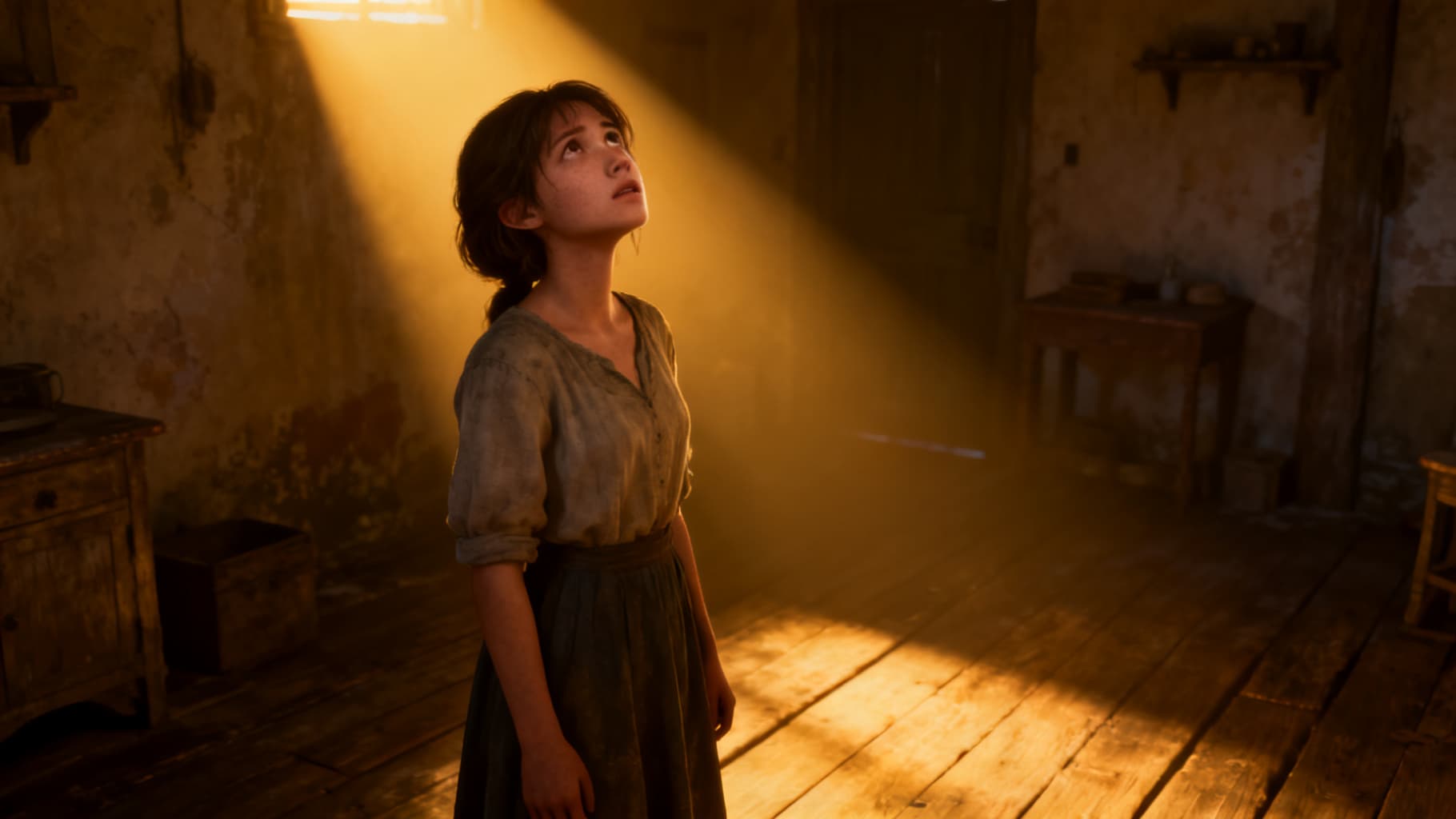 A young Mary, resolved, the moment after she says yes