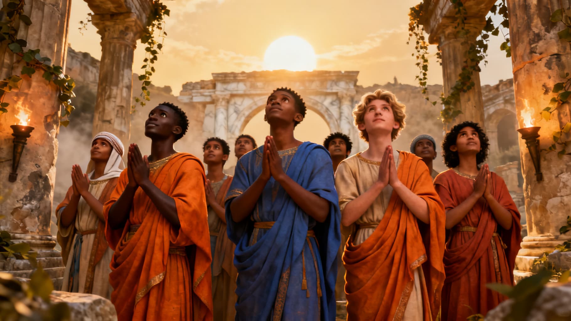 A diverse crowd worshiping together in a bustling ancient city
