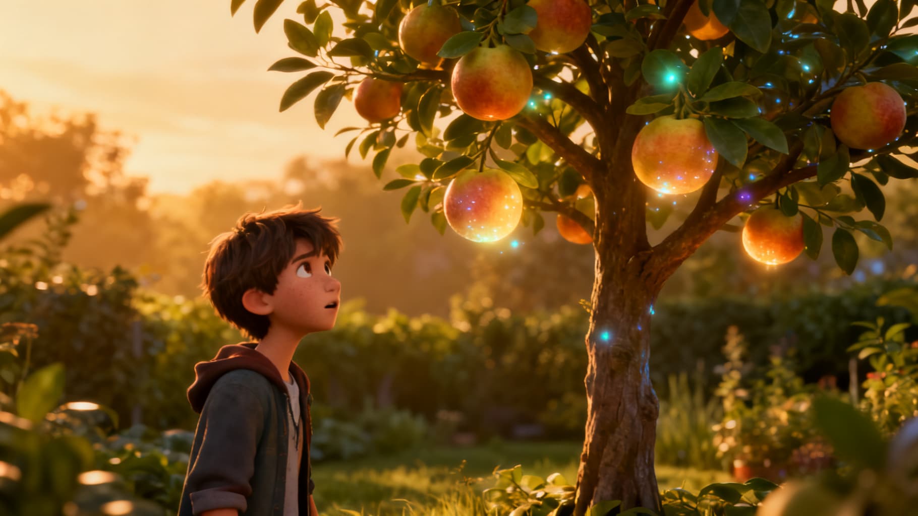 A teen facing the forbidden tree, the fruit glowing temptingly