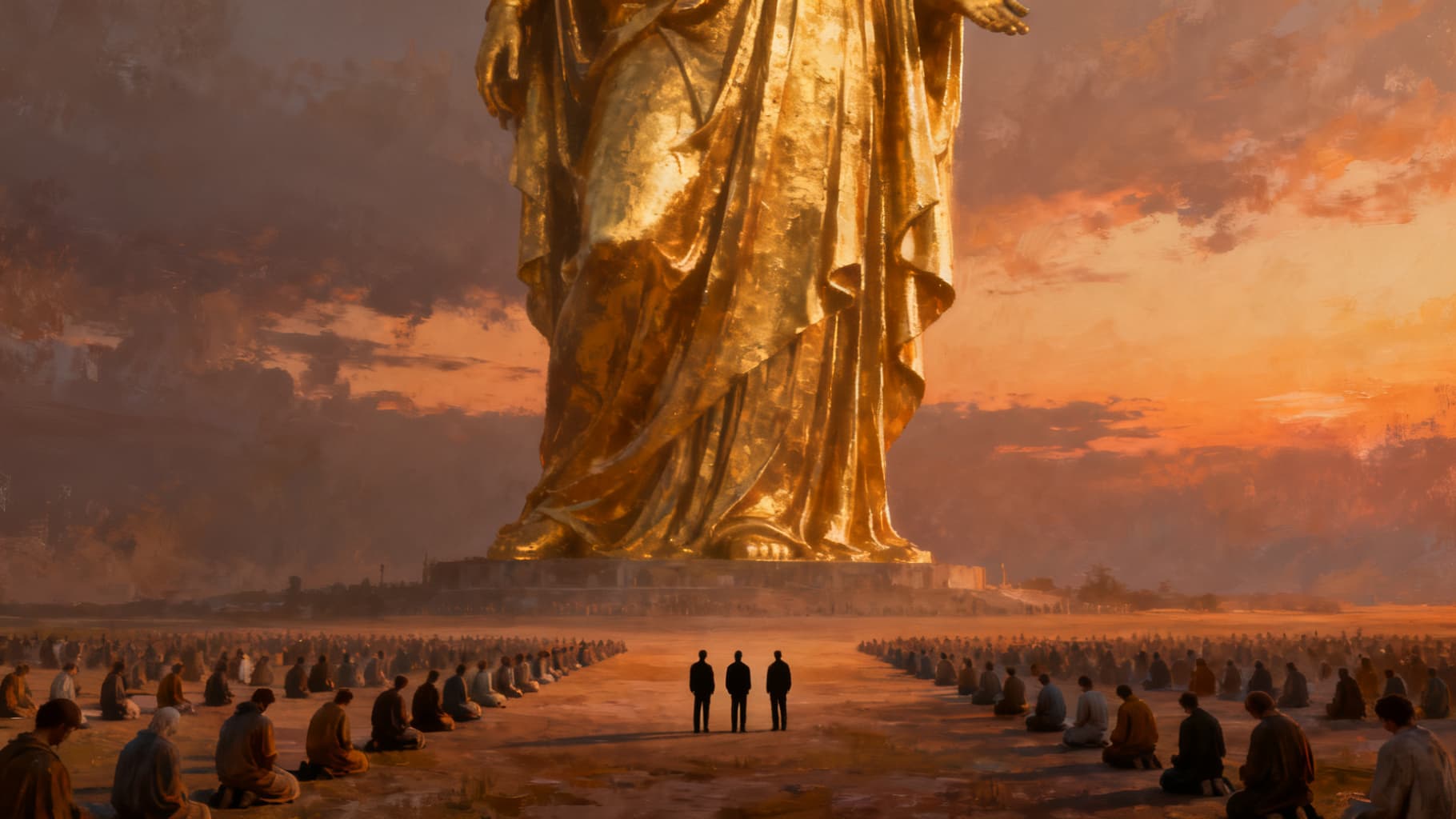 A vast golden statue as a crowd bows and three figures remain standing