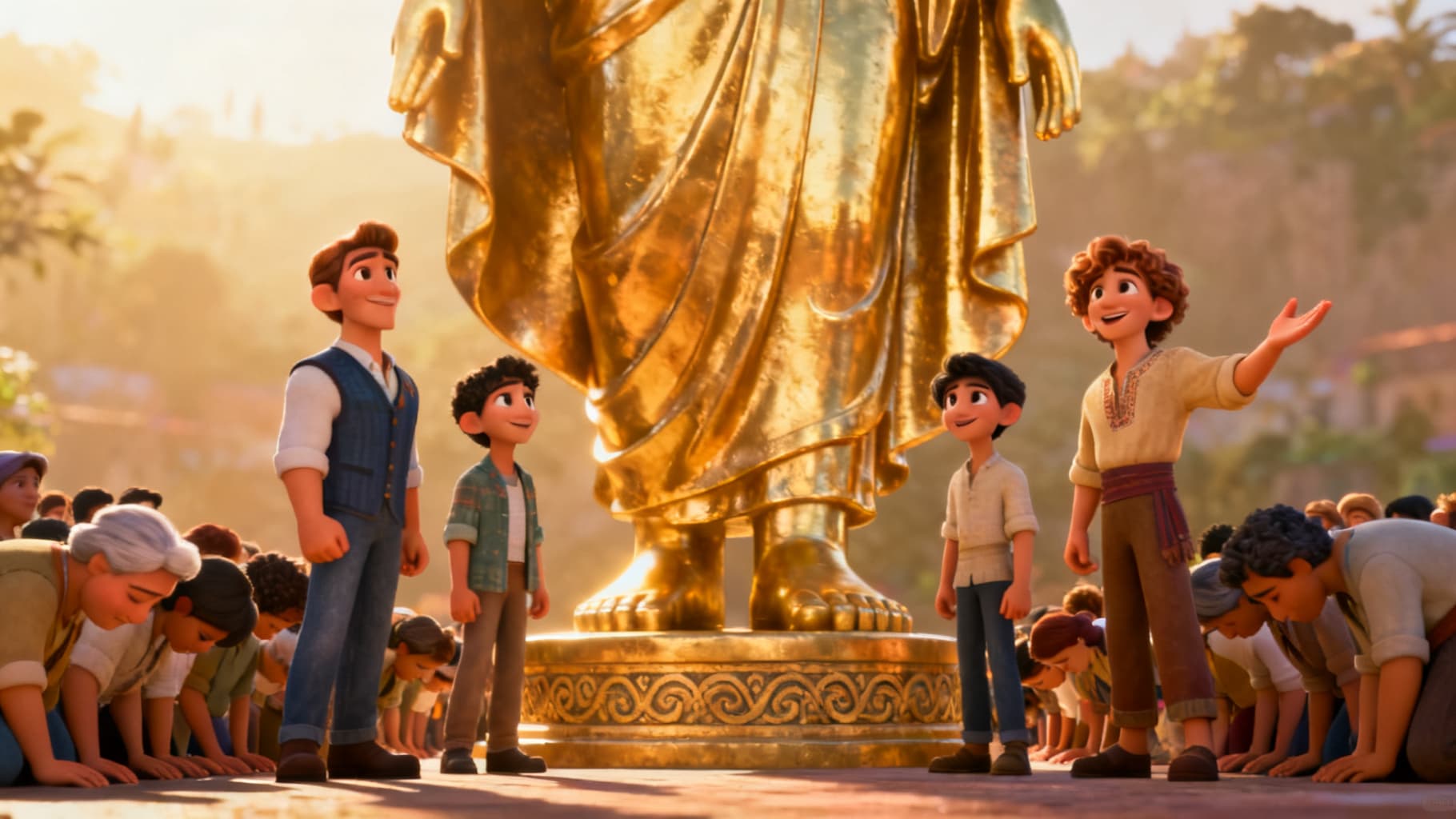 Three friends standing tall while everyone else bows to the golden statue
