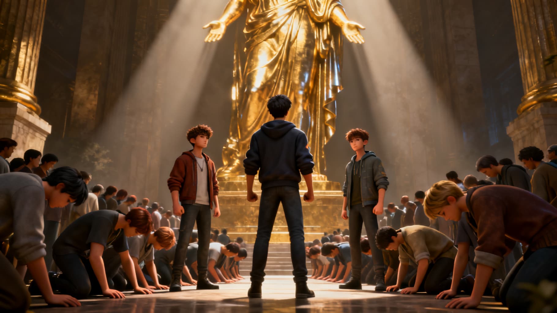 Three friends standing while a whole crowd bows to a towering golden statue